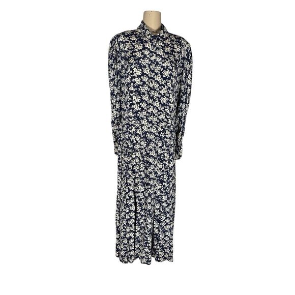 Laura Ashley Vintage Cottagecore Long Sleeve Modest Navy Floral Button Up Dress - Picture 1 of 8